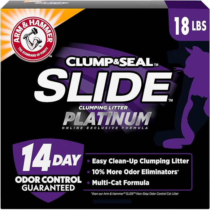 Clump & Seal SLIDE Platinum Multi-Cat Clumping Cat Litter, 14-Day Odor Control, EZ Clean Technology, 18 lbs – No