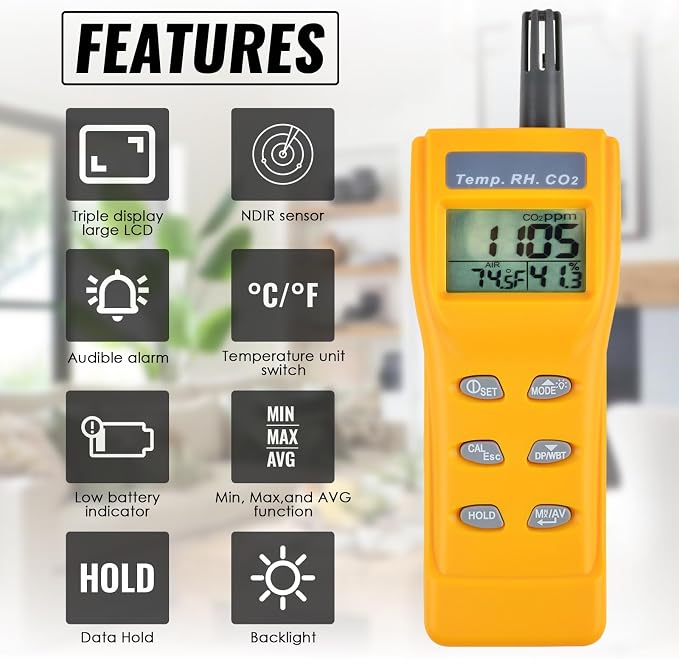 CO2 Meter Handheld CO2 Detector, 0-9999ppm Digital CO2 Monitor Temperature and Humidity Meter Carbon Dioxide Detector with