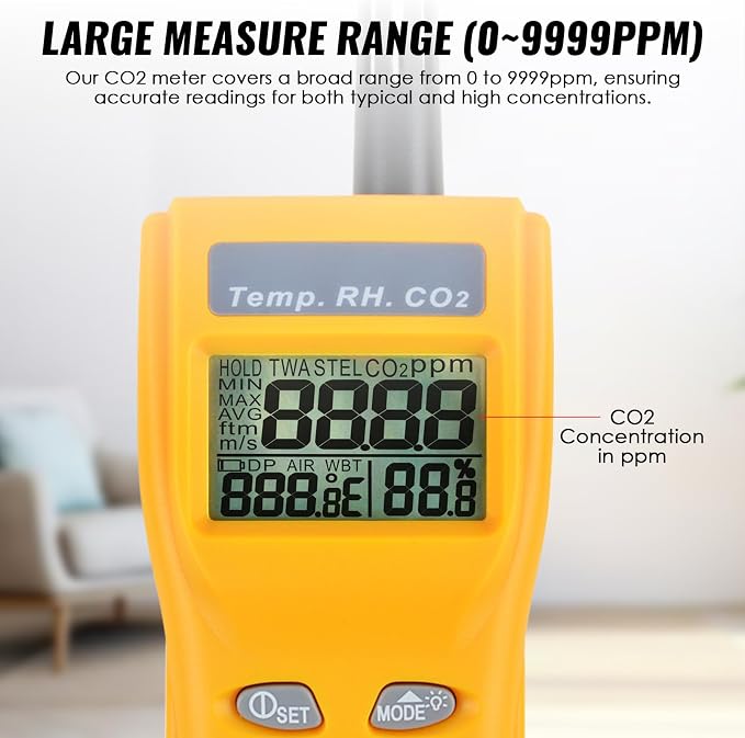 CO2 Meter Handheld CO2 Detector, 0-9999ppm Digital CO2 Monitor Temperature and Humidity Meter Carbon Dioxide Detector with