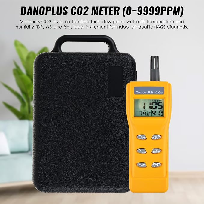 CO2 Meter Handheld CO2 Detector, 0-9999ppm Digital CO2 Monitor Temperature and Humidity Meter Carbon Dioxide Detector with