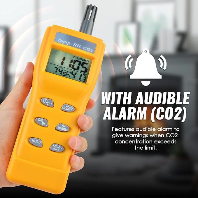 CO2 Meter Handheld CO2 Detector, 0-9999ppm Digital CO2 Monitor Temperature and Humidity Meter Carbon Dioxide Detector with