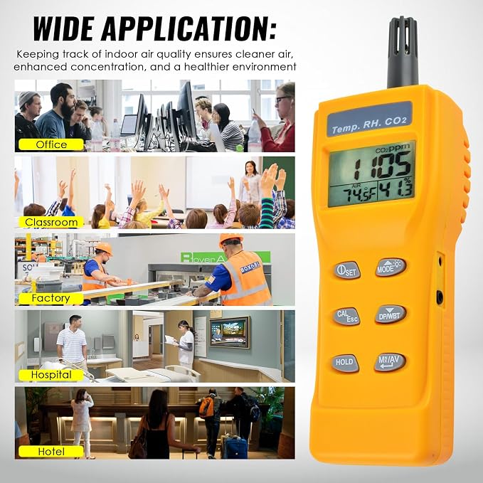 CO2 Meter Handheld CO2 Detector, 0-9999ppm Digital CO2 Monitor Temperature and Humidity Meter Carbon Dioxide Detector with