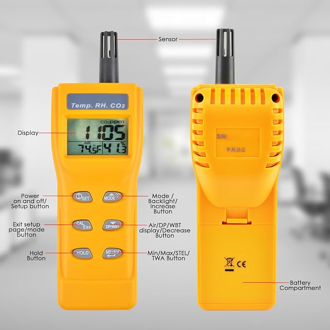 CO2 Meter Handheld CO2 Detector, 0-9999ppm Digital CO2 Monitor Temperature and Humidity Meter Carbon Dioxide Detector with