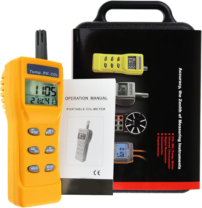 CO2 Meter Handheld CO2 Detector, 0-9999ppm Digital CO2 Monitor Temperature and Humidity Meter Carbon Dioxide Detector with