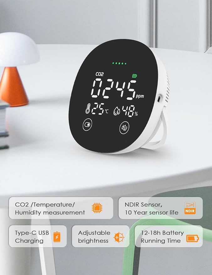 CO2 Monitor, 3 in 1 CO2 Detector Temperature and Humidity Air Quality Monitor Carbon Dioxide Detector for Travel Portable CO2