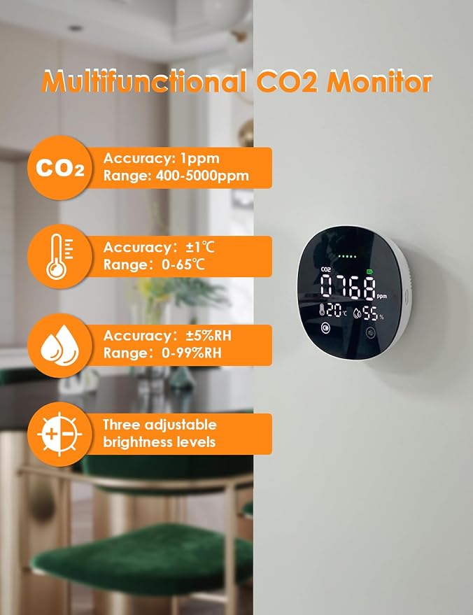 CO2 Monitor, 3 in 1 CO2 Detector Temperature and Humidity Air Quality Monitor Carbon Dioxide Detector for Travel Portable CO2