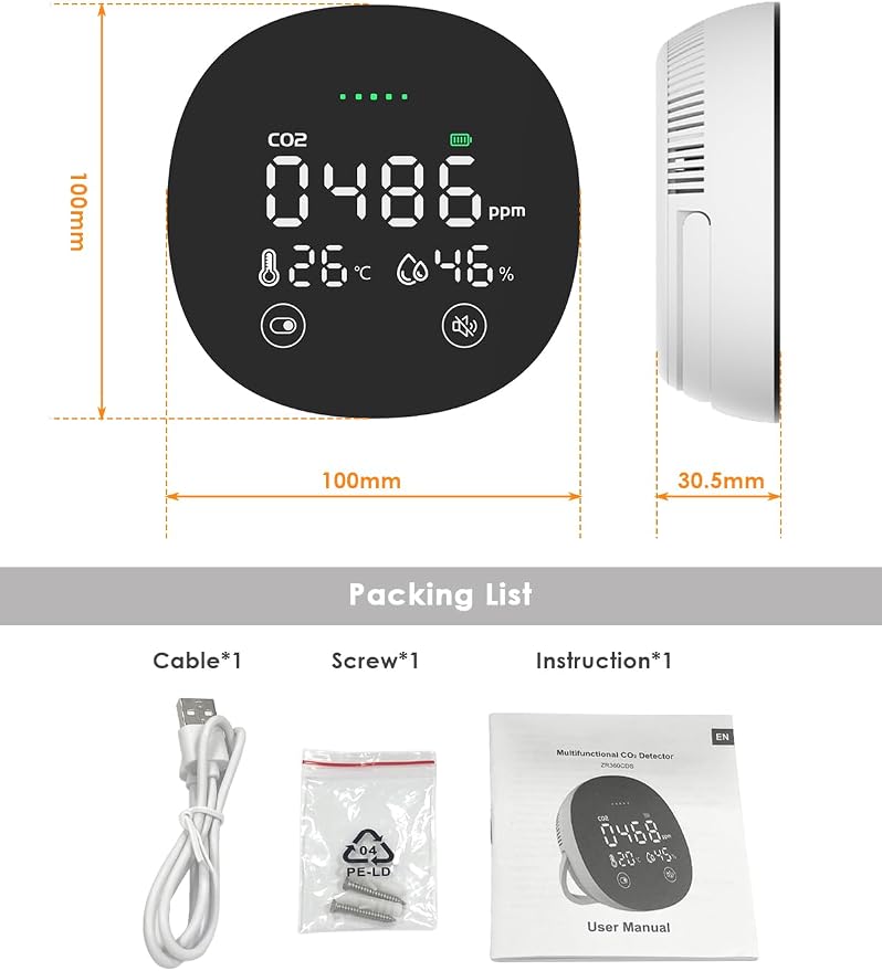 CO2 Monitor, 3 in 1 CO2 Detector Temperature and Humidity Air Quality Monitor Carbon Dioxide Detector for Travel Portable CO2