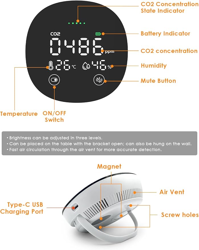 CO2 Monitor, 3 in 1 CO2 Detector Temperature and Humidity Air Quality Monitor Carbon Dioxide Detector for Travel Portable CO2