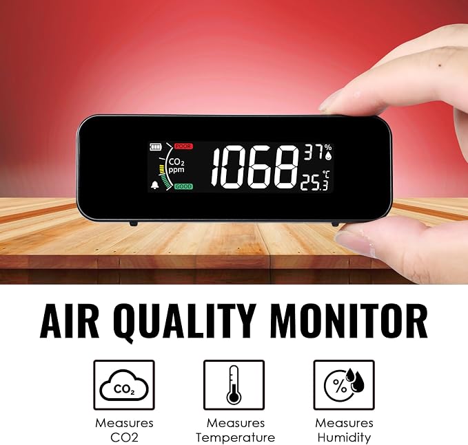 CO2 Monitor CO2 Meter Detector, Rechargeable Indoor Air Quality Monitor with CO2 Alarm, LCD Display, NDIR Sensor, alternate