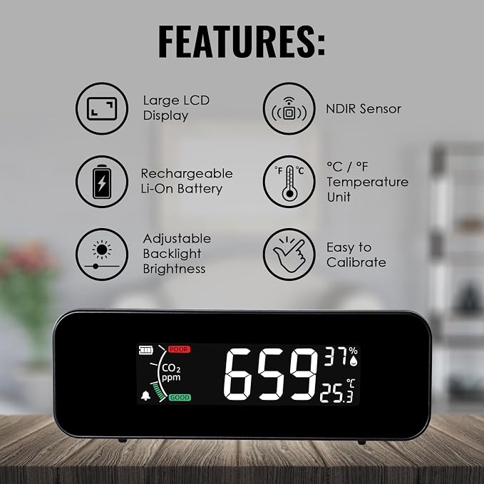 CO2 Monitor CO2 Meter Detector, Rechargeable Indoor Air Quality Monitor with CO2 Alarm, LCD Display, NDIR Sensor, alternate