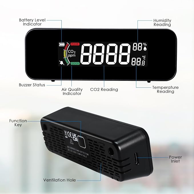 CO2 Monitor CO2 Meter Detector, Rechargeable Indoor Air Quality Monitor with CO2 Alarm, LCD Display, NDIR Sensor, alternate