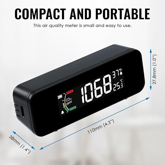 CO2 Monitor CO2 Meter Detector, Rechargeable Indoor Air Quality Monitor with CO2 Alarm, LCD Display, NDIR Sensor, alternate