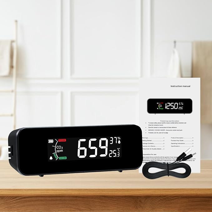 CO2 Monitor CO2 Meter Detector, Rechargeable Indoor Air Quality Monitor with CO2 Alarm, LCD Display, NDIR Sensor, alternate