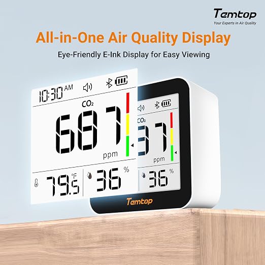 CO2 Monitor Indoor Air Quality Monitor 3 in 1 CO2 Meter(Temperature, Humidity and CO2), 180 Days Standby Time Plastic