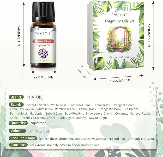 Coconut 20 Pcs Fragrance Oil Set, Premium Fragrance Oil, for Humidifier, DIY Candle & Soap Making Scent, Aromatherapy