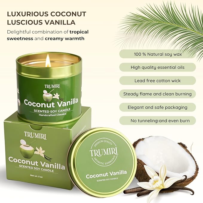 Coconut Vanilla - Aromatherapy Candles for Home Scented - 5oz Natural Soy Wax Clean Organic made from natural materials