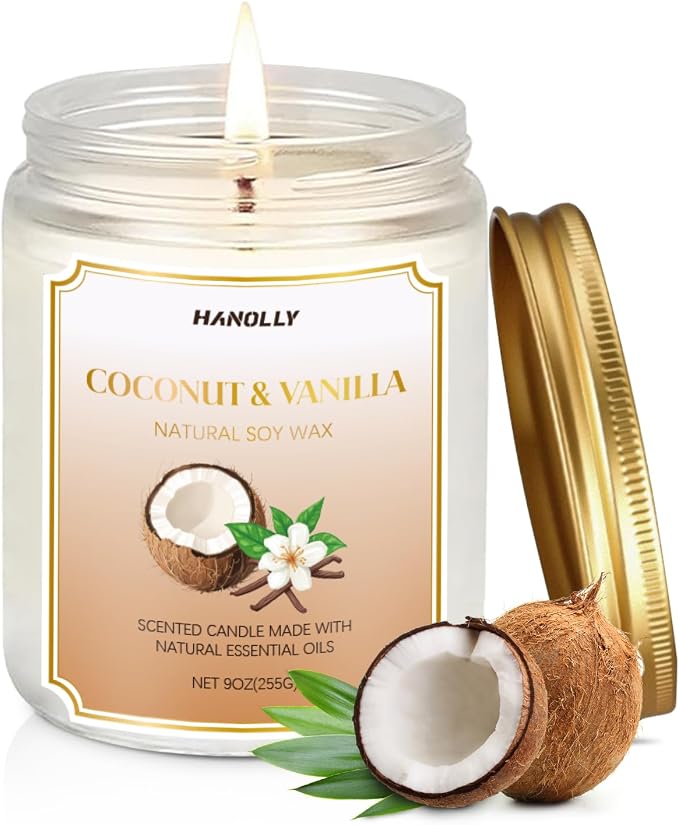 Coconut Vanilla Candle, 9 oz Scented Candles for Home Soy Candle Wax, Long Lasting Aromatherapy Candle Gift for Women Men