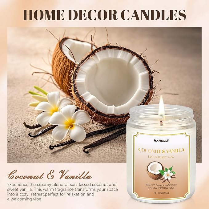 Coconut Vanilla Candle, 9 oz Scented Candles for Home Soy Candle Wax, Long Lasting Aromatherapy Candle Gift for Women Men