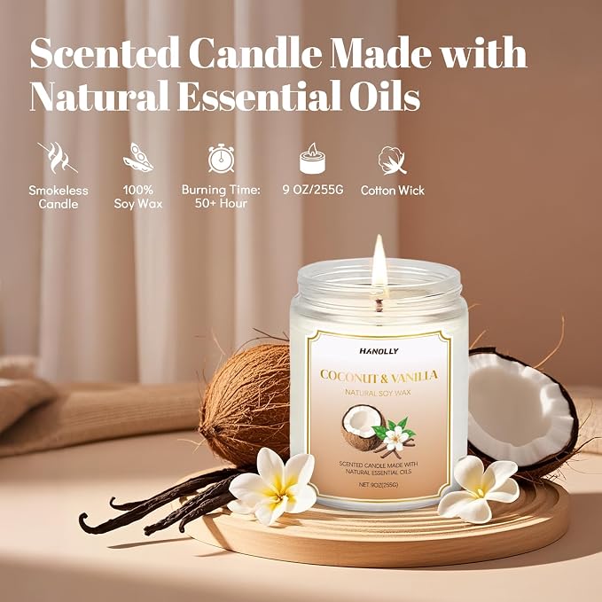 Coconut Vanilla Candle, 9 oz Scented Candles for Home Soy Candle Wax, Long Lasting Aromatherapy Candle Gift for Women Men