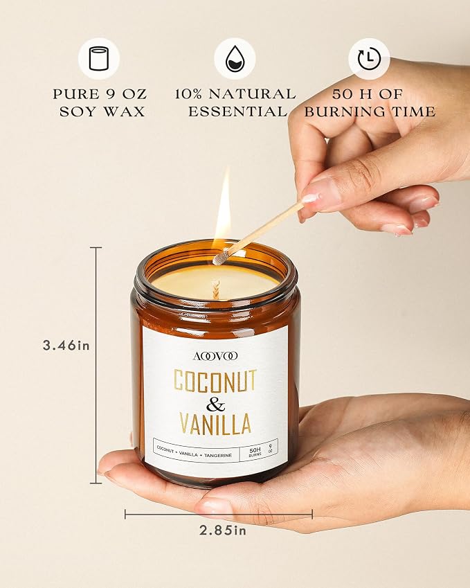 Coconut Vanilla Candles - 9 oz Scented Candles, Aromatherapy Candle, Soy Candle for Home Scented in Gold., alternate view 3