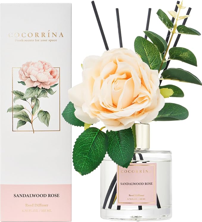 Reed Diffuser Set, Flower Reed Diffuser Sandalwood Rose 6.7 oz, Scented Diffuser with Sticks Home Fragrance