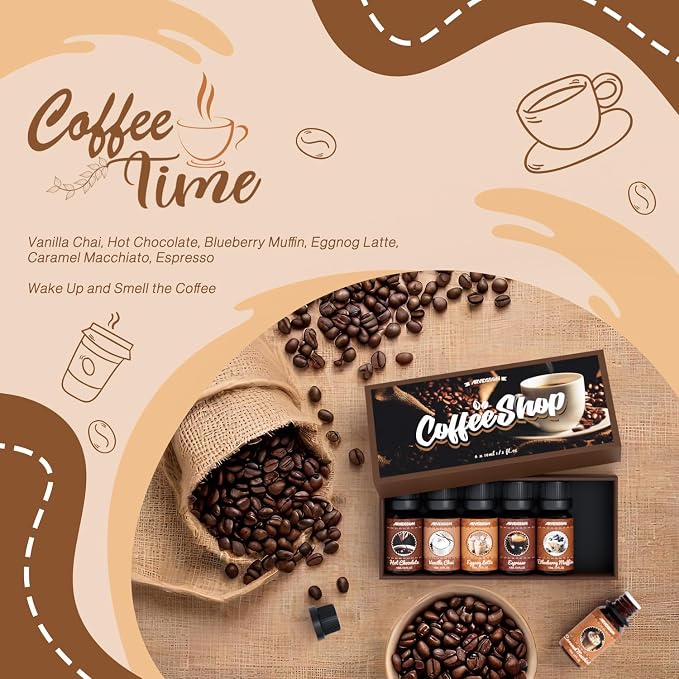 Coffee Fragrance Oils Set, Premium Essential Oils for Diffuser, Espresso, Vanilla Chai, Hot Chocolate, Blueberry Muffin