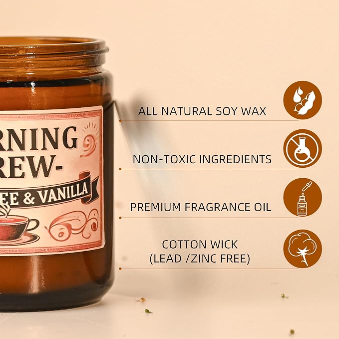 Coffee Soy Candle - Coffee Scented Candles for Home, Candles Gifts for Women, 8oz Amber Jar + Silvery Lid, 40+ Hours Burn