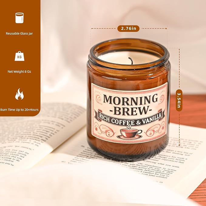 Coffee Soy Candle - Coffee Scented Candles for Home, Candles Gifts for Women, 8oz Amber Jar + Silvery Lid, 40+ Hours Burn