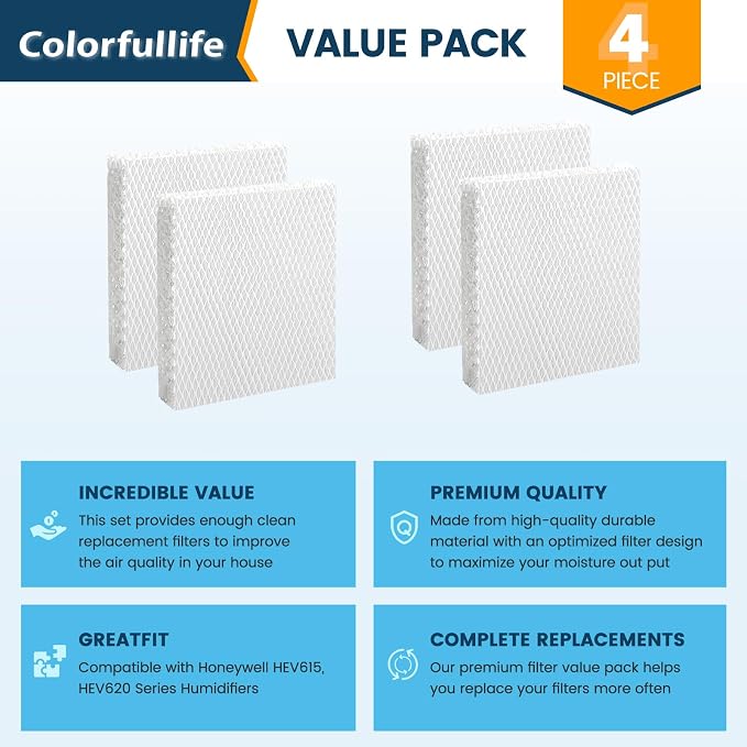 Colorffullife 4 Pack Humidifier Filter T for Top Fill Tower Humidifier HEV615, HEV620, Replacement HFT600 Filter T