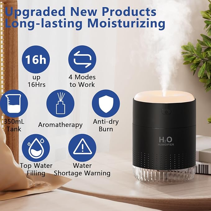 Colorful Mini Humidifier, USB Rechargeable Humidifier, small humidifier, 4 Modes Super Quiet, alternate product view 2