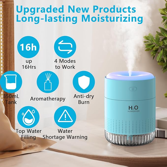Colorful Mini Humidifier, USB Rechargeable Humidifier, small humidifier, 4 Modes Super Quiet, alternate product view 2