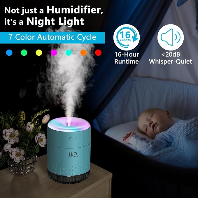 Colorful Mini Humidifier, USB Rechargeable Humidifier, small humidifier, 4 Modes Super Quiet, alternate product view 3