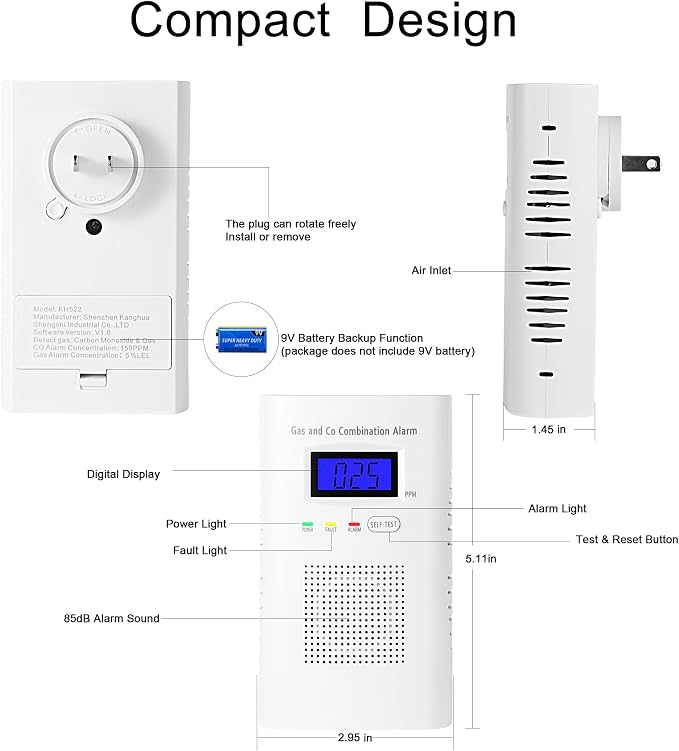 Combination Natural Gas Detector & Carbon Monoxide Detector, Plug in Carbon Monoxide Alarm & Propane Detector, alternate view