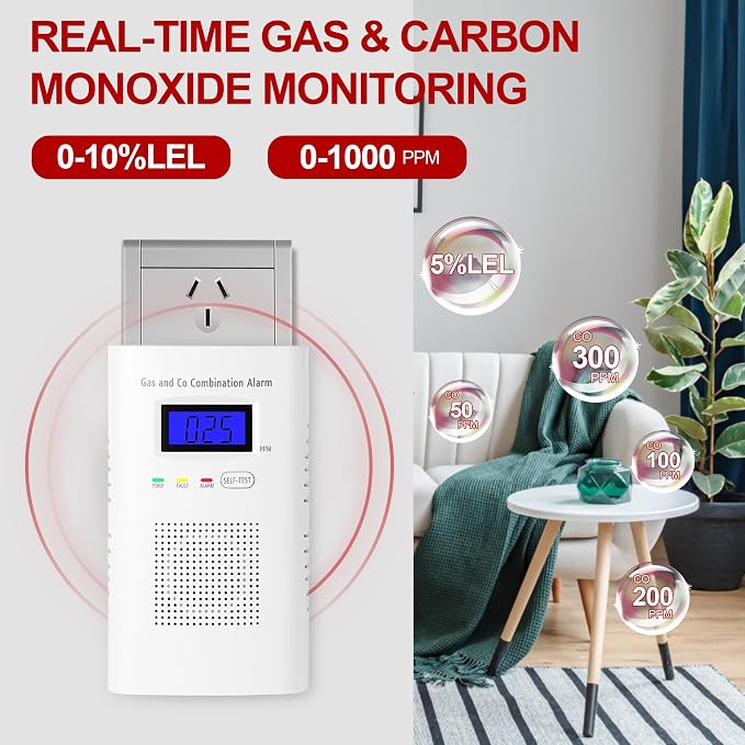 Combination Natural Gas Detector & Carbon Monoxide Detector, Plug in Carbon Monoxide Alarm & Propane Detector, alternate view