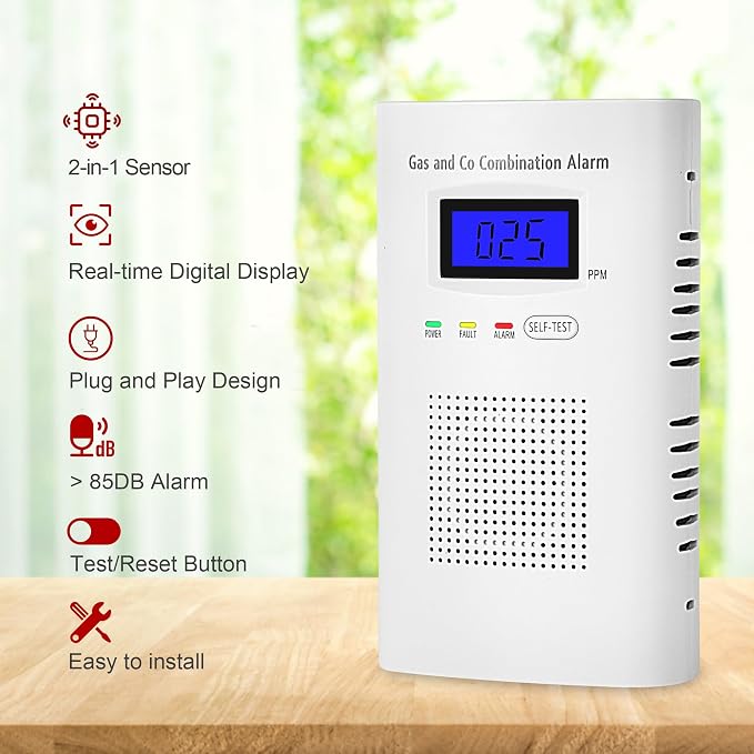 Combination Natural Gas Detector & Carbon Monoxide Detector, Plug in Carbon Monoxide Alarm & Propane Detector, alternate view