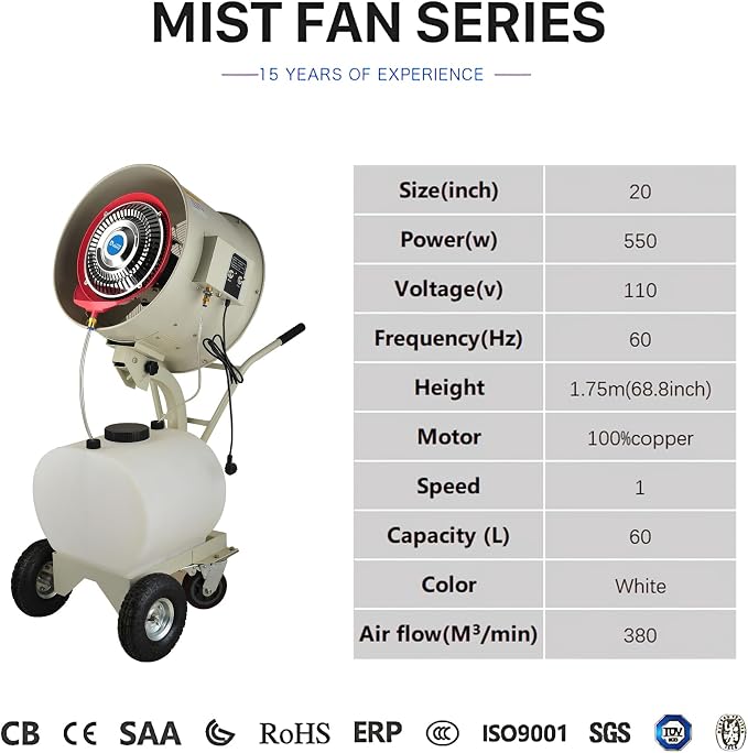 Commercial Outdoor Mist Cooling Fan - Ideal for Stores, Carnivals, Stadiums, Yards - 55L Water Tank, 12-Hour, alternate view
