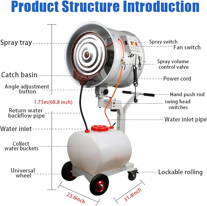 Commercial Outdoor Mist Cooling Fan - Ideal for Stores, Carnivals, Stadiums, Yards - 55L Water Tank, 12-Hour, alternate view