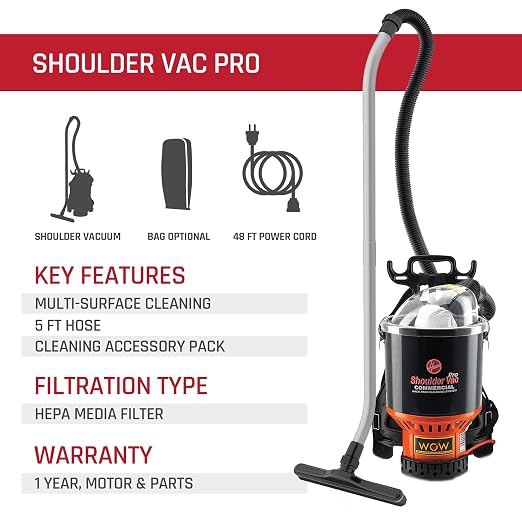 Commercial Shoulder Vac Pro Backpack Bagged Vacuum Cleaner, with HEPA Media Filter, Lightweight with Extra Long Cord