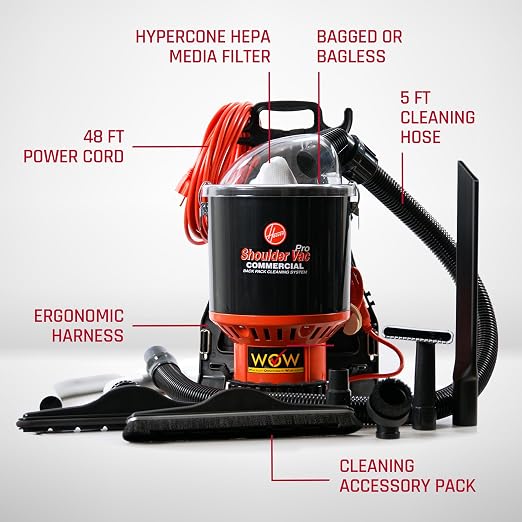 Commercial Shoulder Vac Pro Backpack Bagged Vacuum Cleaner, with HEPA Media Filter, Lightweight with Extra Long Cord