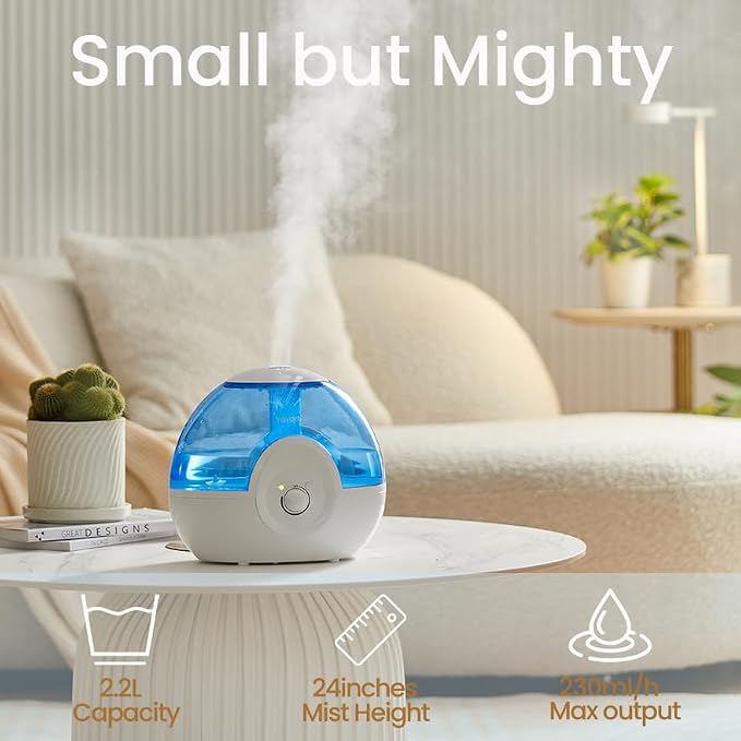 Cool Mist 2.2L Humidifiers for Bedroom, 28dB Whisper-Quiet Ultrasonic Humidifier, Easy to Clean Home Humidifier, Auto