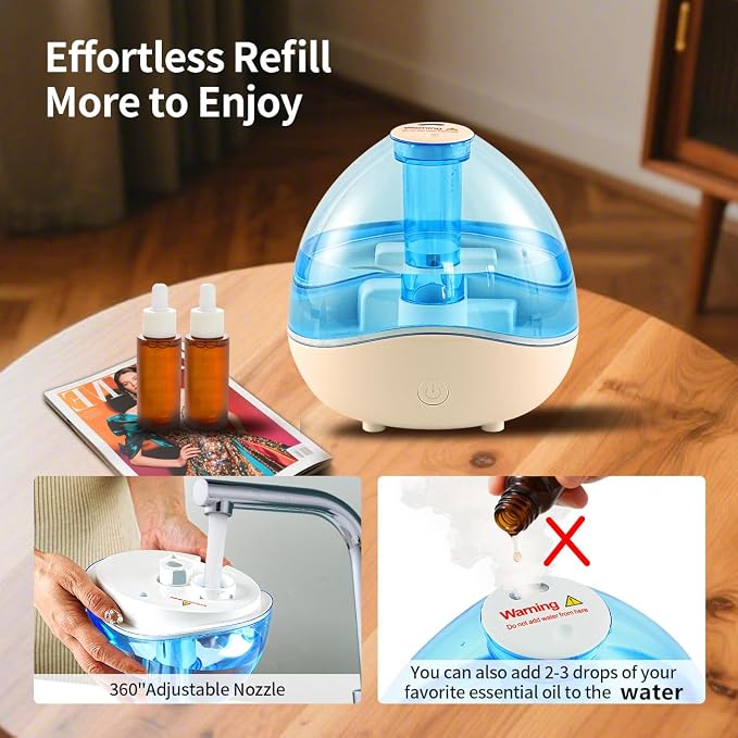 Cool Mist Humidifiers for Bedroom & Large Room (1.5L Water Tank) Quiet Ultrasonic Air Humidifier For Babies Nursery, Office