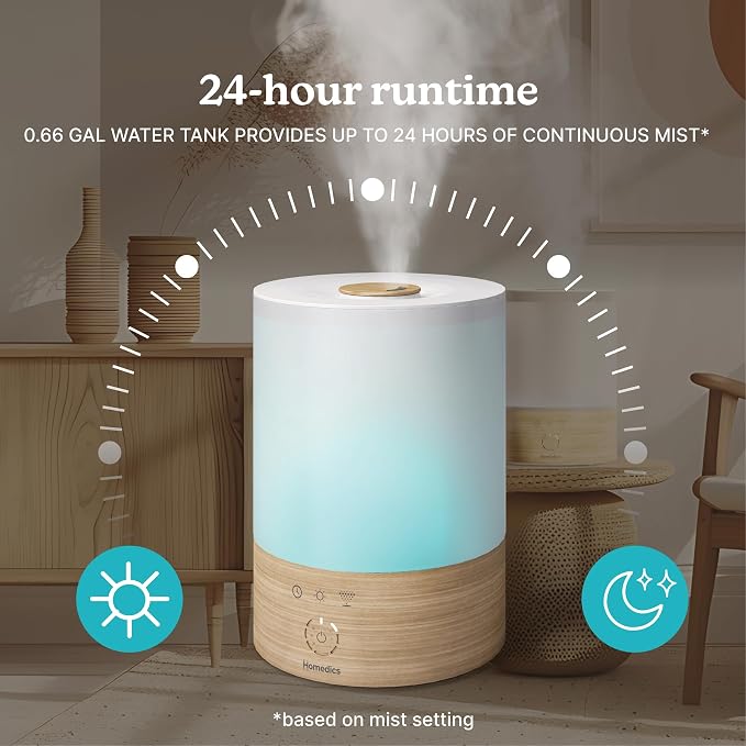 Cool Mist Ultrasonic Humidifier, 8-Colors Night Light, 0.66 Gal Top-Fill Tank, 24Hr Runtime, 3 Mist Settings, alternate