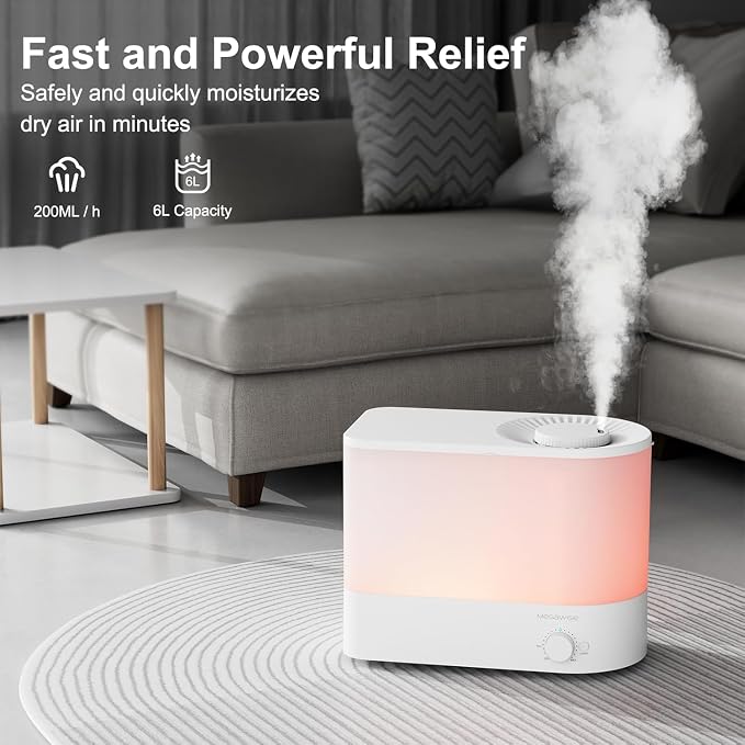 Cool Mist Ultrasonic Humidifier, Adjustable Mist Control, Quiet Operation, With a 6L top-fill tank and 50-hour