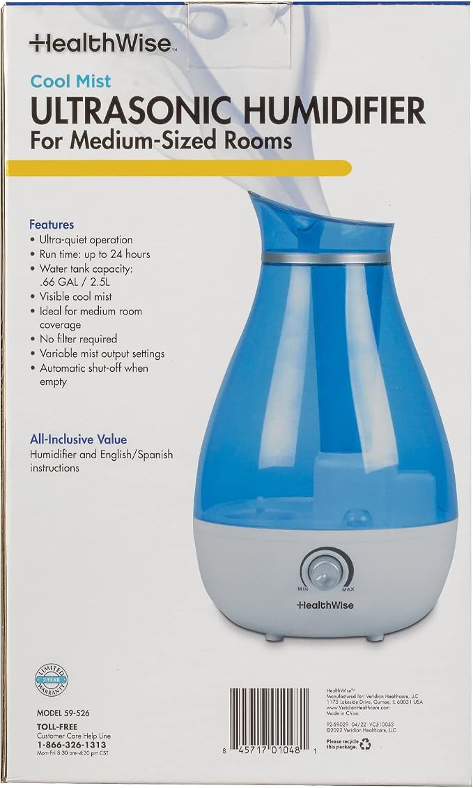 Cool Mist Ultrasonic Humidifier | For Medium Size Rooms | No Filter Required | 24 Hour Run Time, Blue, 2.6L, alternate