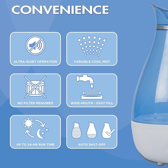Cool Mist Ultrasonic Humidifier | For Medium Size Rooms | No Filter Required | 24 Hour Run Time, Blue, 2.6L, alternate