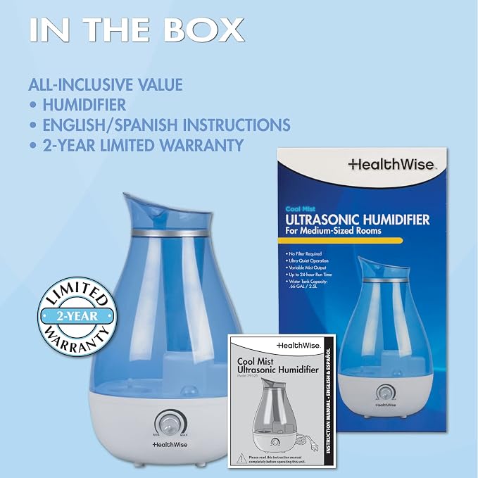 Cool Mist Ultrasonic Humidifier | For Medium Size Rooms | No Filter Required | 24 Hour Run Time, Blue, 2.6L, alternate
