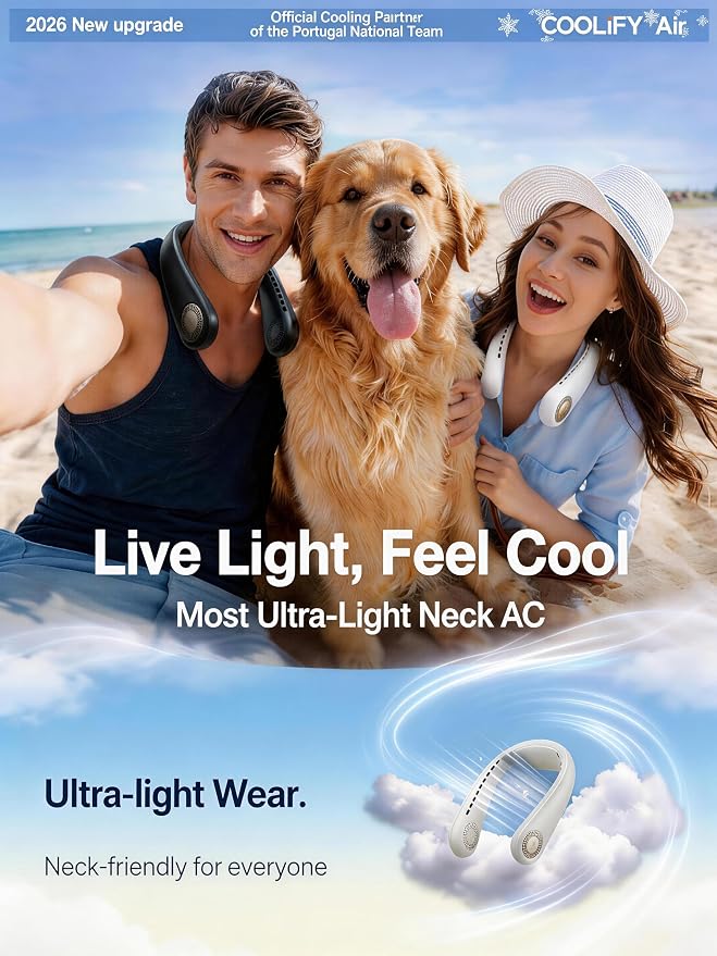 COOLiFY Air 2026 Upgraded Neck Fan Air Conditioner, Dual-Airflow Pro Cooling, Ultra Light Portable Fan Rechargeable, Personal