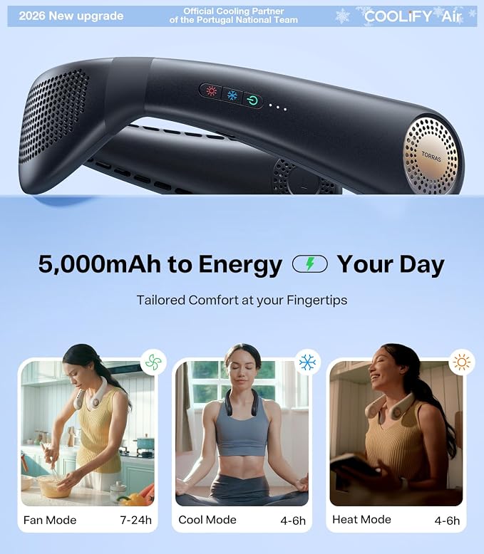 COOLiFY Air 2026 Upgraded Neck Fan Air Conditioner, Dual-Airflow Pro Cooling, Ultra Light Portable Fan Rechargeable