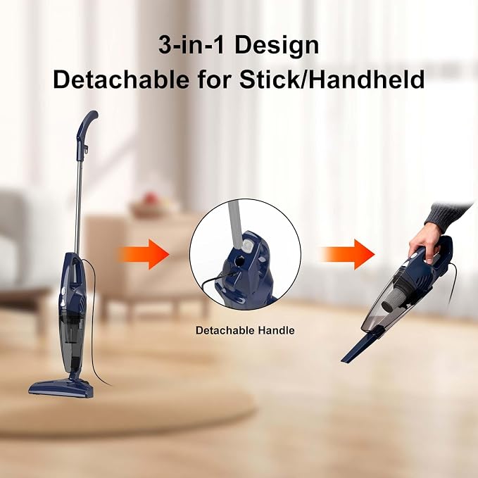 Corded Stick Vacuum Cleaner, 3-in-1 Detachable to Handheld with 180°Left-Right Steering, alternate product view 2