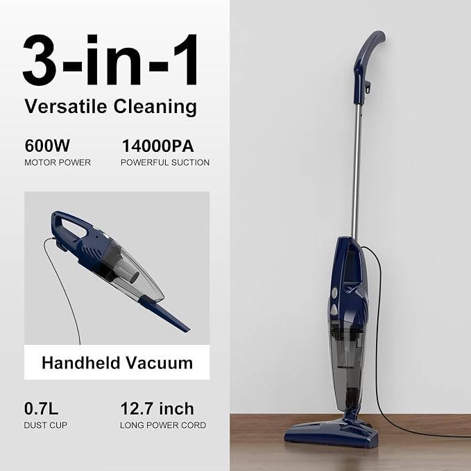 Corded Vacuum Cleaner, 14KPa Powerful Suction with 600W Motor, Lightweight Stick Vacuum Cleaner, Converts to Handheld with